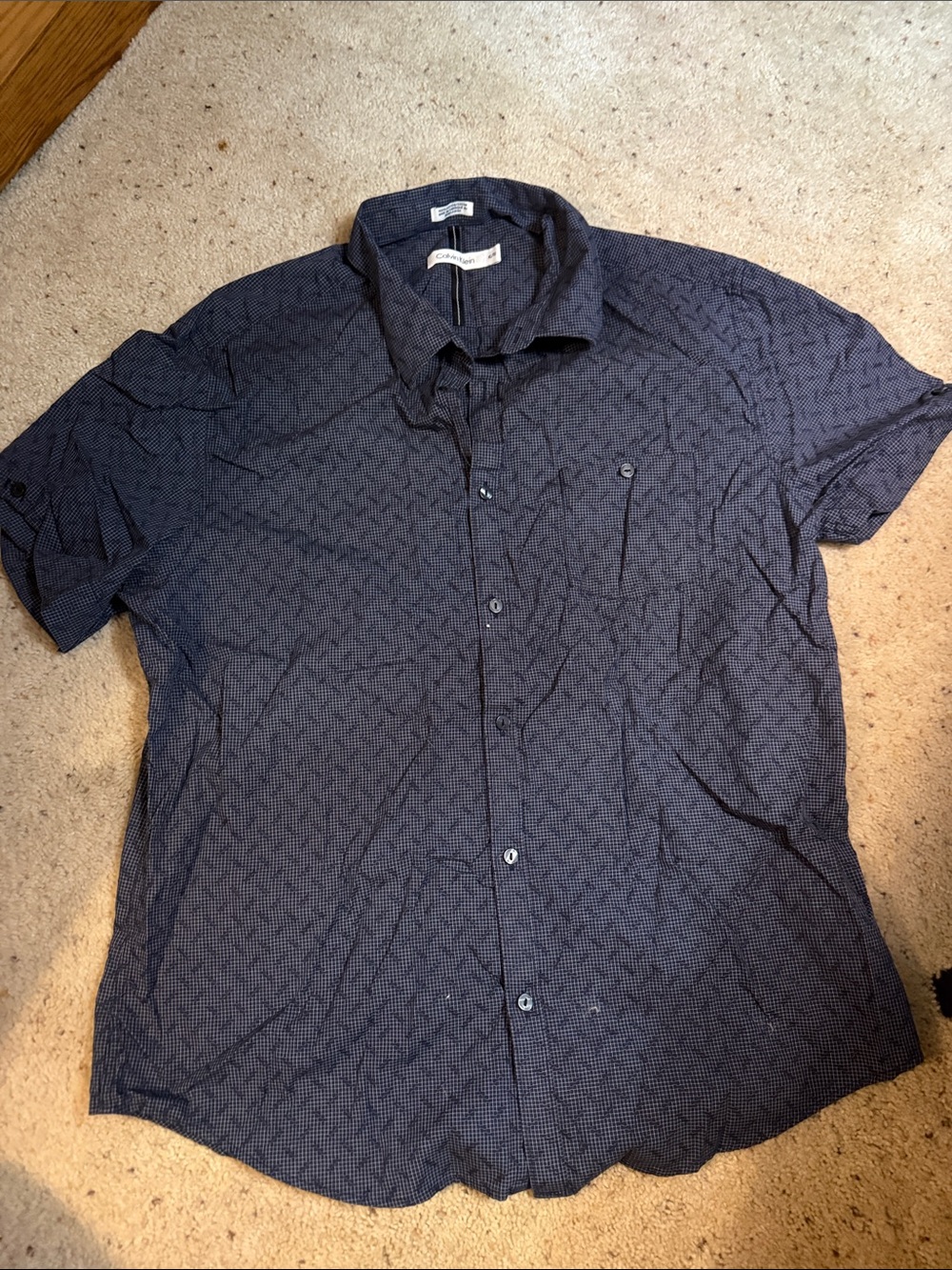 Calvin Klein Navy Short-Sleeve Button-Down with Micro Geometric Print